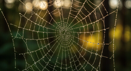 Obraz premium Dew Drops Adorning a Delicate Spiderweb in the Soft Morning Light
