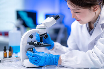 Asian scientist working with microscope in modern laboratory researching new medicine or vaccine