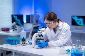 Scientist using microscope examining samples in laboratory researching medicine