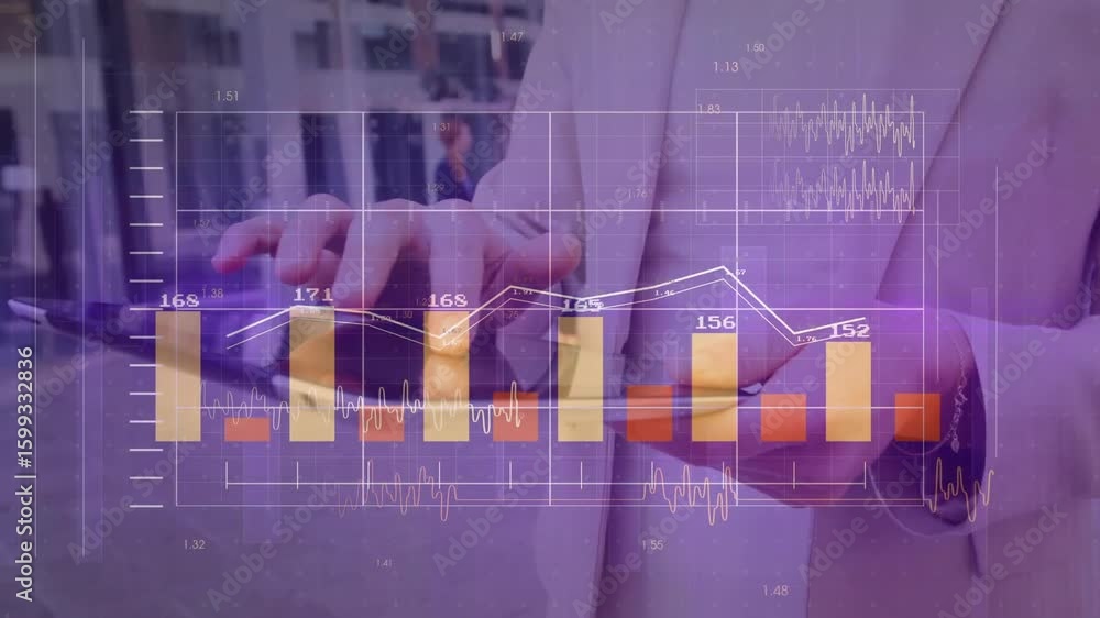 Poster businessman tapping tablet on sidewalk generating animated finance bar chart updating line graph