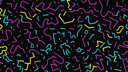 Colorful abstract pop art pattern from the 80s in Memphis style on black canvas