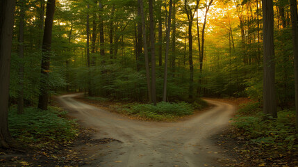 Fototapeta premium A forked path through a golden autumn forest, symbolizing life's choices under soft sunlight.