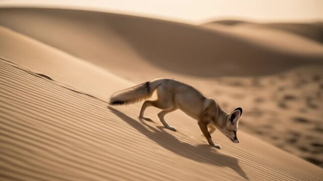 Fennec fox walking down a sand dune in the desert. Animal, wildlife, wilderness and travel concept.