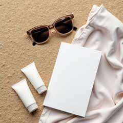 Woven Beach Bag with Towel, Book and Sunglasses on Sand