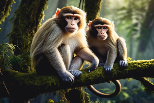 Monkey animal with light-colored fur on its upper body and darker fur on its lower body and limbs. The monkey sits gracefully on a moss-covered tree branch surrounded by a lush green forest. 