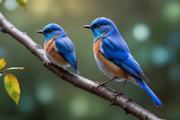 Obraz premium Two vibrant bluebirds perched closely together on a branch in a natural outdoor setting.