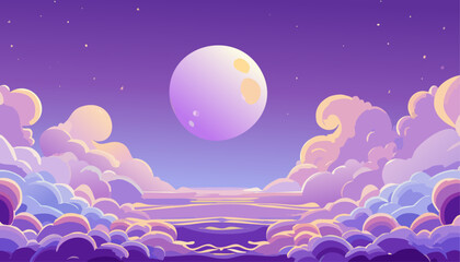 Dreamy night scene featuring a big moon, clouds and stars in the purple sky