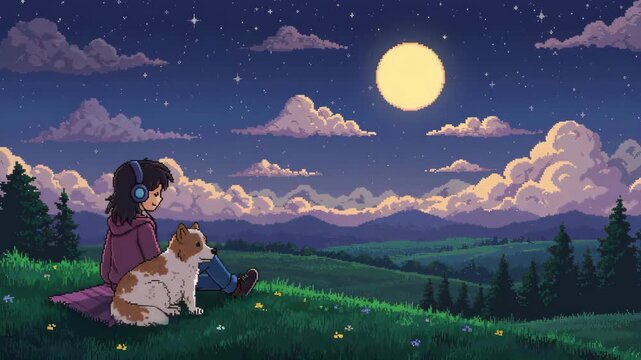 character using headphone relaxing on hills and pet, pixel art style landscape in night with moon and cloud