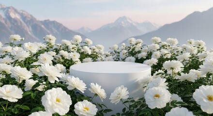 A pristine white podium sits amidst a field of blooming white roses majestic