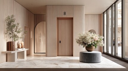 Airy corridor with wood panels, marble floor, foliage & an arched door frame entrance