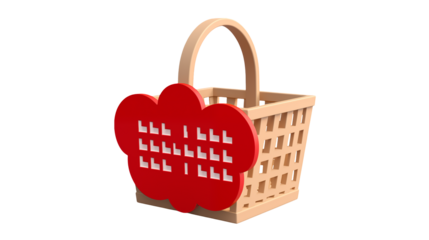 Red cloud-shaped tag with letters on a basket, shopping concept for commerce deals
