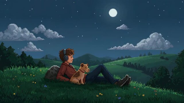 character using headphone relaxing on hills and pet, pixel art style landscape in night with moon and cloud