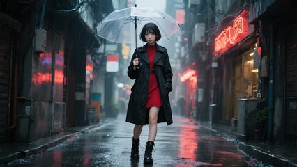 Woman Holding Umbrella Walking on Wet Street with Red Lights