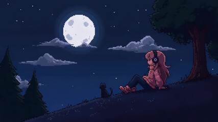 character using headphone relaxing on hills and pet, pixel art style landscape in night with moon and cloud
