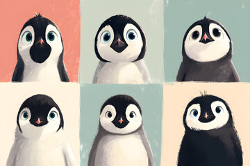 Fototapeta premium Cute Cartoon Penguins with Various Expressions in Colorful Backgrounds