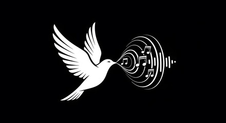 Obraz premium A white dove in flight singing musical notes, emanating from its beak, on a black background.
