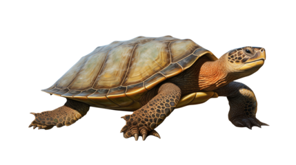 Sea turtle with detailed shell and textured skin crawling forward, transparent background