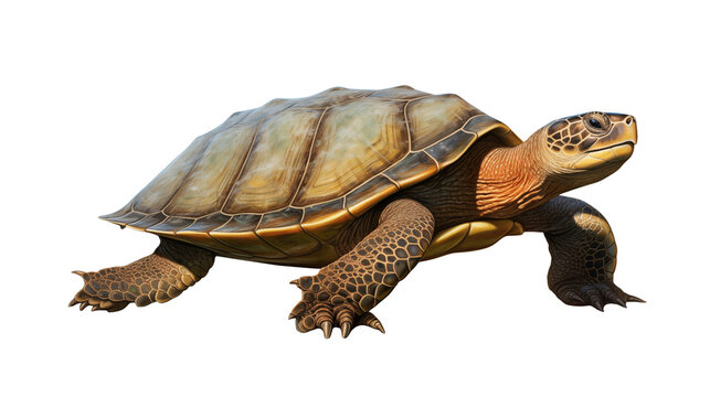 Sea turtle with detailed shell and textured skin crawling forward, transparent background