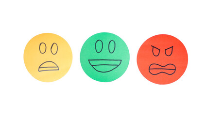 Three hand drawn emoji faces on colored paper circles: negative and positive emotions isolated on...