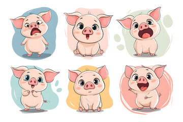 Cute and Expressive Cartoon Pigs with Varied Facial Expressions