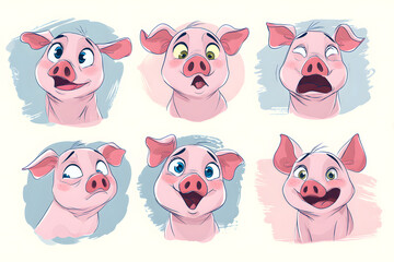 Expressive cartoon pig faces displaying a range of emotions