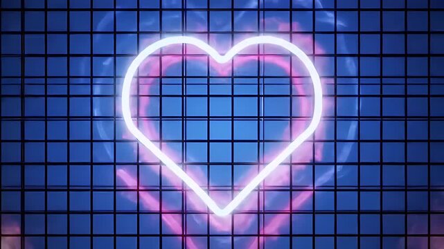 Vibrant Heart Shape Pulsates Against Structured Grid in a Pink Neon Light with Digital Geometric Square Tile Background