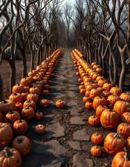 A trail of carved pumpkins set between barren trees, perfect for Halloween stories or dark-themed visual narratives.