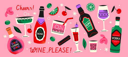 Assorted alcoholic beverages, cocktail glasses, and bottles shown in a flat cartoon style isolated on a pink background. Concept of party celebration. Vector illustrations set