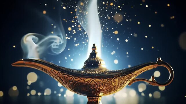 Golden Magic Lamp Emitting White Smoke and Golden Light Against Blue Bokeh Background Evoking Wishes and Mystery