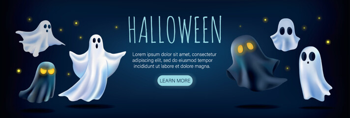 Cartoon-style Halloween ghosts with glowing eyes floating on a dark background with small yellow lights, representing a spooky festive concept. Vector illustration