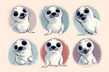 Obraz premium Cute Cartoon Seals in Various Poses and Expressions for Fun Design