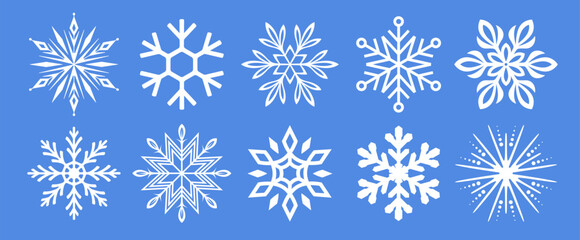 A collection of ten unique white snowflakes in different symmetrical styles, displayed on a vibrant blue background. Concept of winter and cold weather. Vector illustrations set