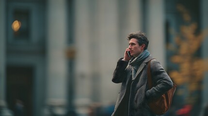 A man in a gray coat and scarf walks outside, holding a phone to his ear, with a building visible in the background.