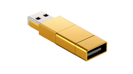 Shiny gold USB flash drive for data storage and file transfer close-up perspective