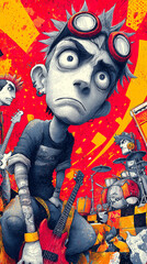 Energetic Punk Rock Band Cartoon Illustration with Vibrant Colors and Exaggerated Characters
