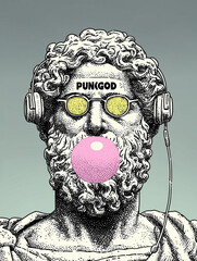 Pop Art Style Ancient Greek Statue with Headphones, Sunglasses, and Bubblegum – Punk Aesthetic Illustration