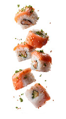 Levitation of various fresh sushi rolls with salmon pieces in the air isolated on a white background