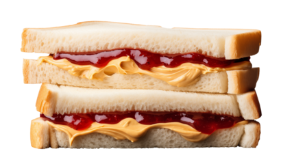 Two peanut butter and jelly sandwiches stacked on top of one another, close up view