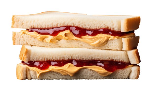 Two peanut butter and jelly sandwiches stacked on top of one another, close up view