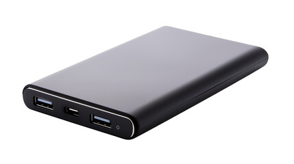 Black power bank features USB ports for charging devices and portable power source
