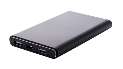 Black power bank features USB ports for charging devices and portable power source
