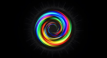 A vibrant, swirling vortex of rainbow colors radiating from a central point against a black background.