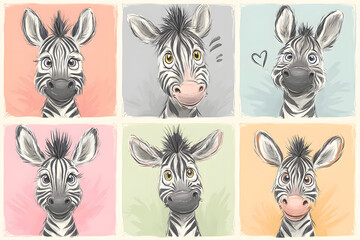 Playful Cartoon Zebras with Various Expressions on Colorful Backgrounds