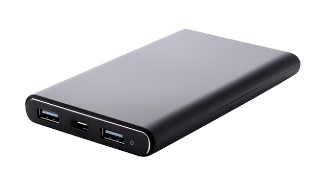 Black power bank features USB ports for charging devices and portable power source