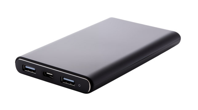 Black power bank features USB ports for charging devices and portable power source