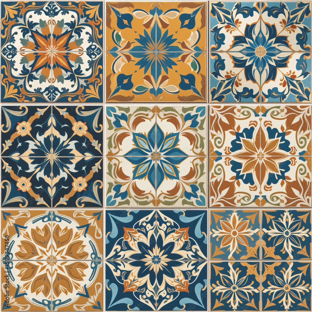 Poster vector illustration collection of ceramic tiles in retro colors. a set of square patterns in ethnic 