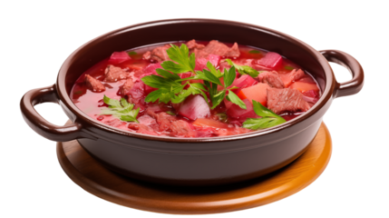 Borscht with meat, beets, potatoes, and parsley served in a brown ceramic bowl