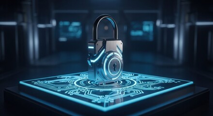 Futuristic padlock on glowing circuit board