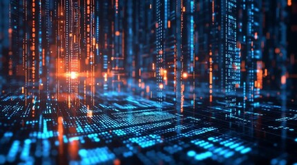 Digital lines and glowing circuits forming on a dark blue background. Abstract geometric shapes and innovative holographic interface elements, data processing and future technology. - Powered by Adobe