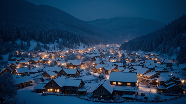 Winter snowy village landscape at night, cozy mountain cabins with warm lights, peaceful forest valley, alpine architecture, serene snowfall, cold weather, remote getaway, winter wonderland, holiday t
